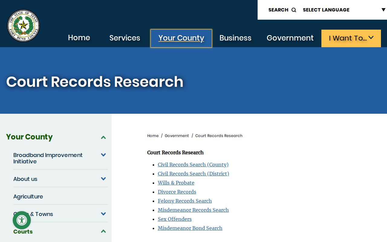 Fort Bend County warrant and court record search menu