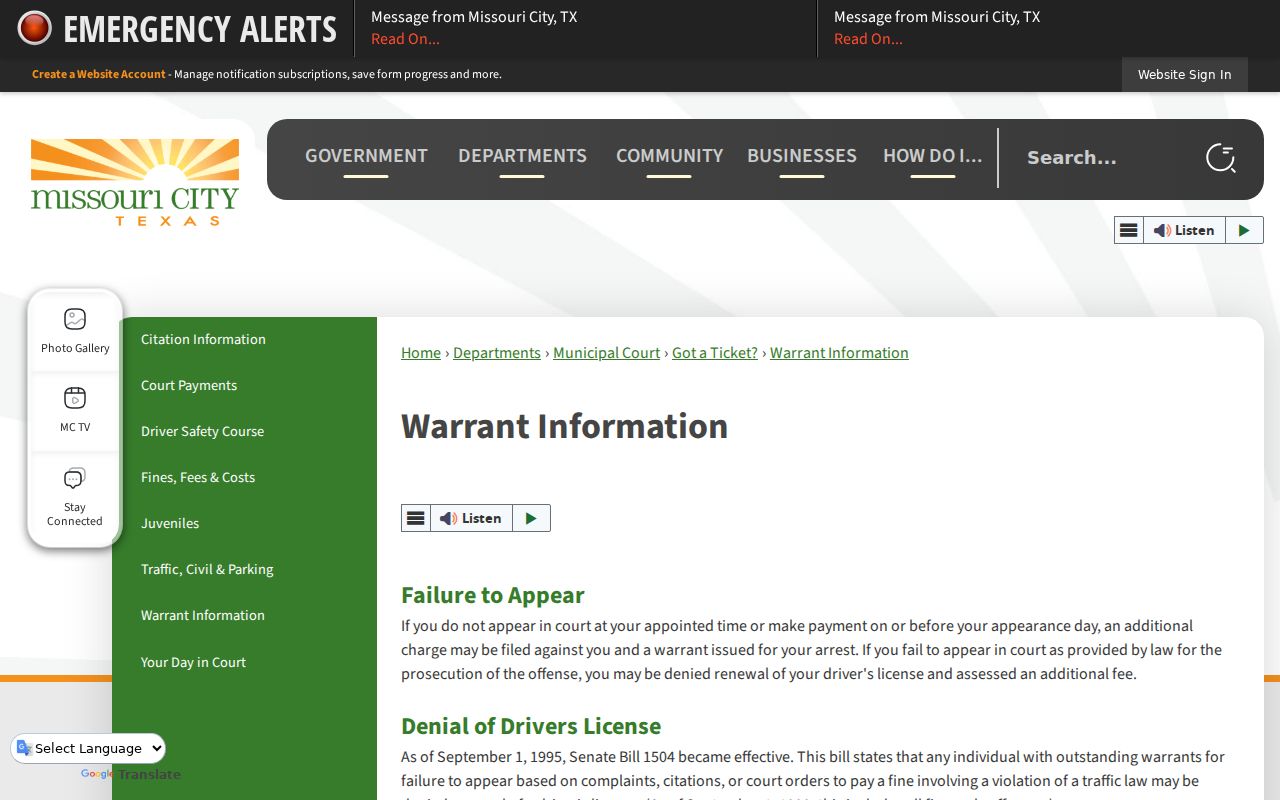 Missouri City warrant FTA and license renewal notice