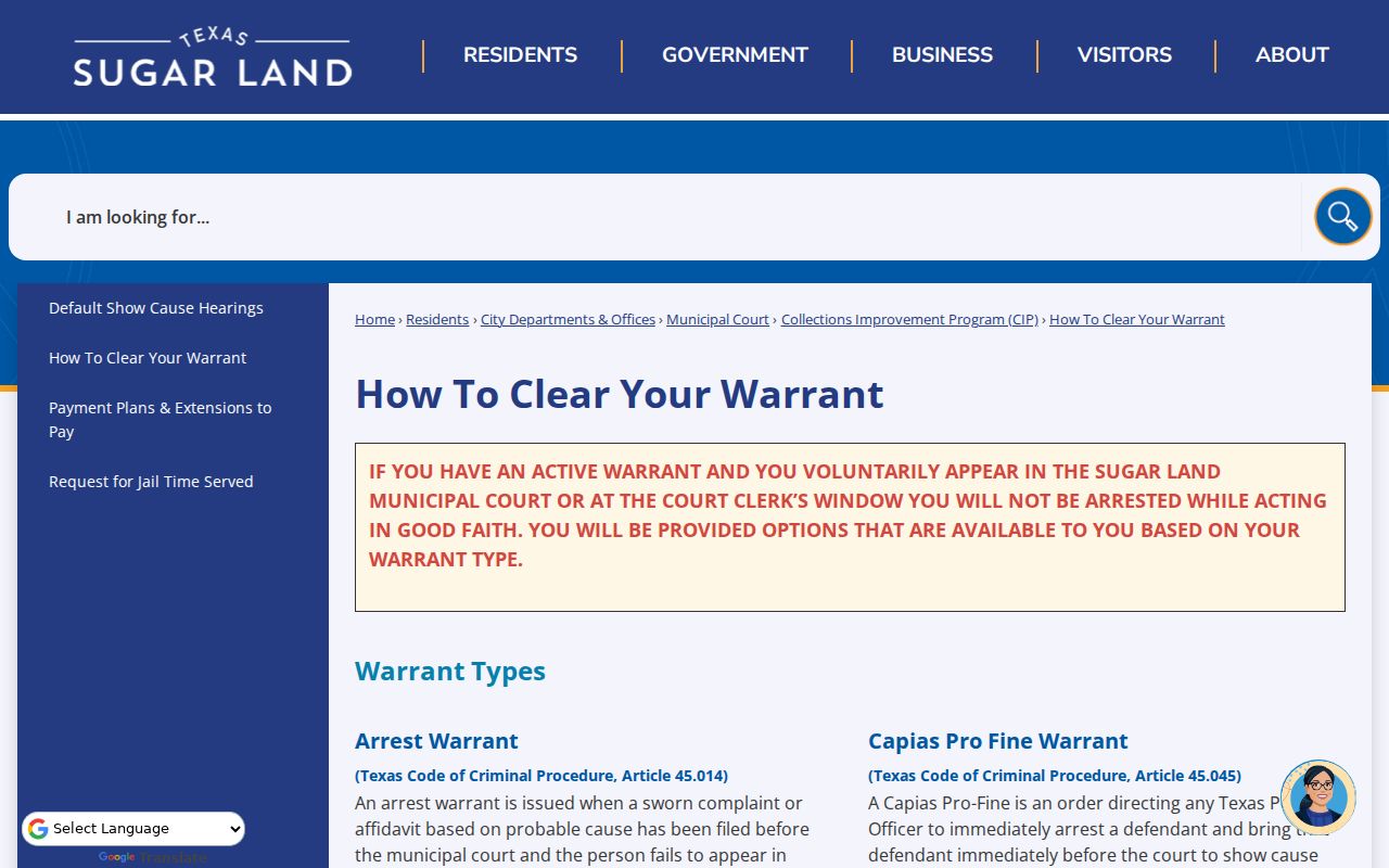 Sugar Land warrant good-faith voluntary appearance information