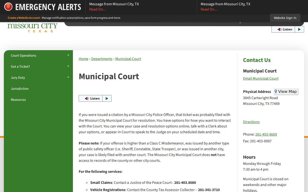 Missouri City warrant and Municipal Court contact information