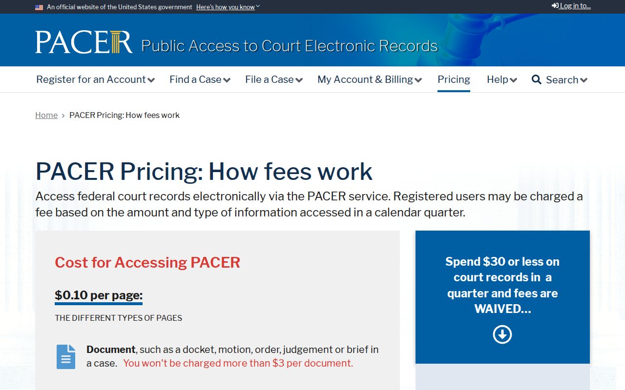 Federal PACER case search fees and access information